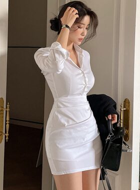 三小姐的咖啡韩国东大门秋季新款白色衬衫裙修身长袖连衣裙女