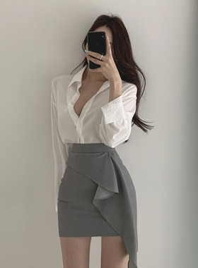 三小姐的咖啡2026新款春秋长袖薄款衬衫不规则包臀半身裙两件套装