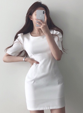 三小姐的咖啡韩国chic极简气质方领修身显瘦短袖包臀连衣裙短裙女