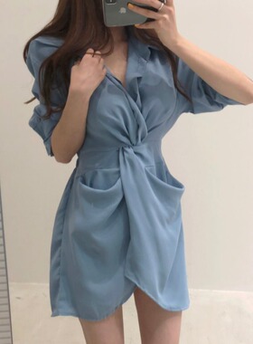 三小姐的咖啡韩国chic不规则长袖收腰显瘦扭结大口袋衬衫式连衣裙