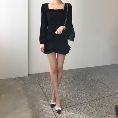 方领荷叶边鱼尾裙初秋包臀褶皱