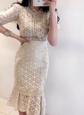 三小姐的咖啡蕾丝两件套2026新款女夏鱼尾裙套装高腰包臀裙套装裙