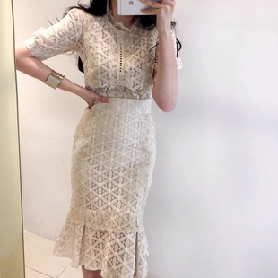 高腰包臀裙套装 女夏鱼尾裙套装 裙 咖啡蕾丝两件套2026新款 三小姐