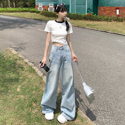 高腰九月春夏破洞复古宽松新款