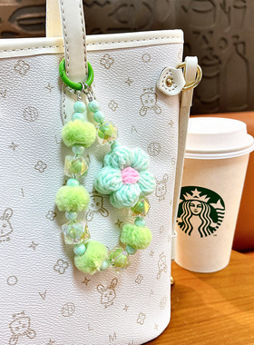 新款毛线花朵串珠手机链可爱毛绒