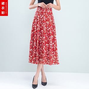 夏季显瘦新款半身裙女士红色碎花大摆裙高腰A字裙大码百搭中长裙