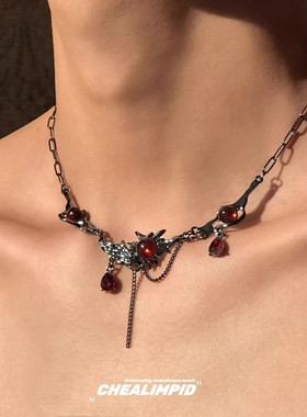 红色暗黑不规则红色锆石项链小众设计嘻哈街头潮男女锁骨链