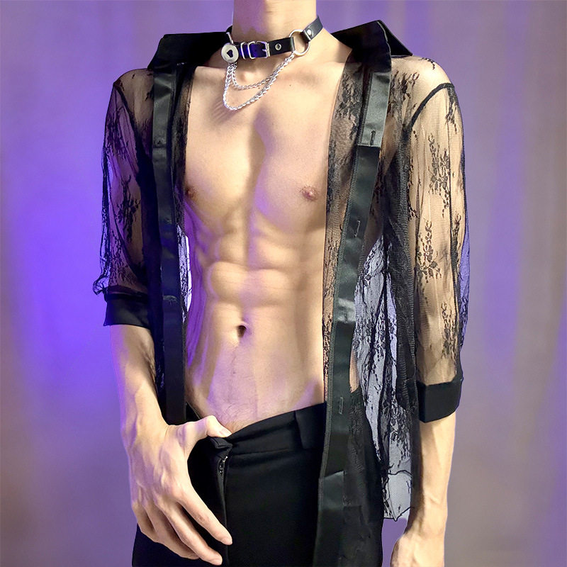 新款男士蕾丝长袖衬衣修身时尚性感上衣欧美肌肉诱惑