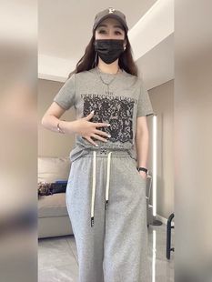 女设计感显瘦T恤高腰阔腿裤 2025夏季 休闲运动套装 新款 两件套 时尚