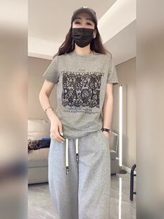 纯棉阔腿裤两件套女夏2025新款时尚短袖T恤+长裤减龄休闲运动套装