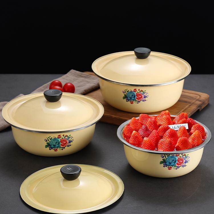 带盖老式搪瓷盆怀旧盖盆保鲜碗拌馅和面盆猪油盆火锅店复古调料盆