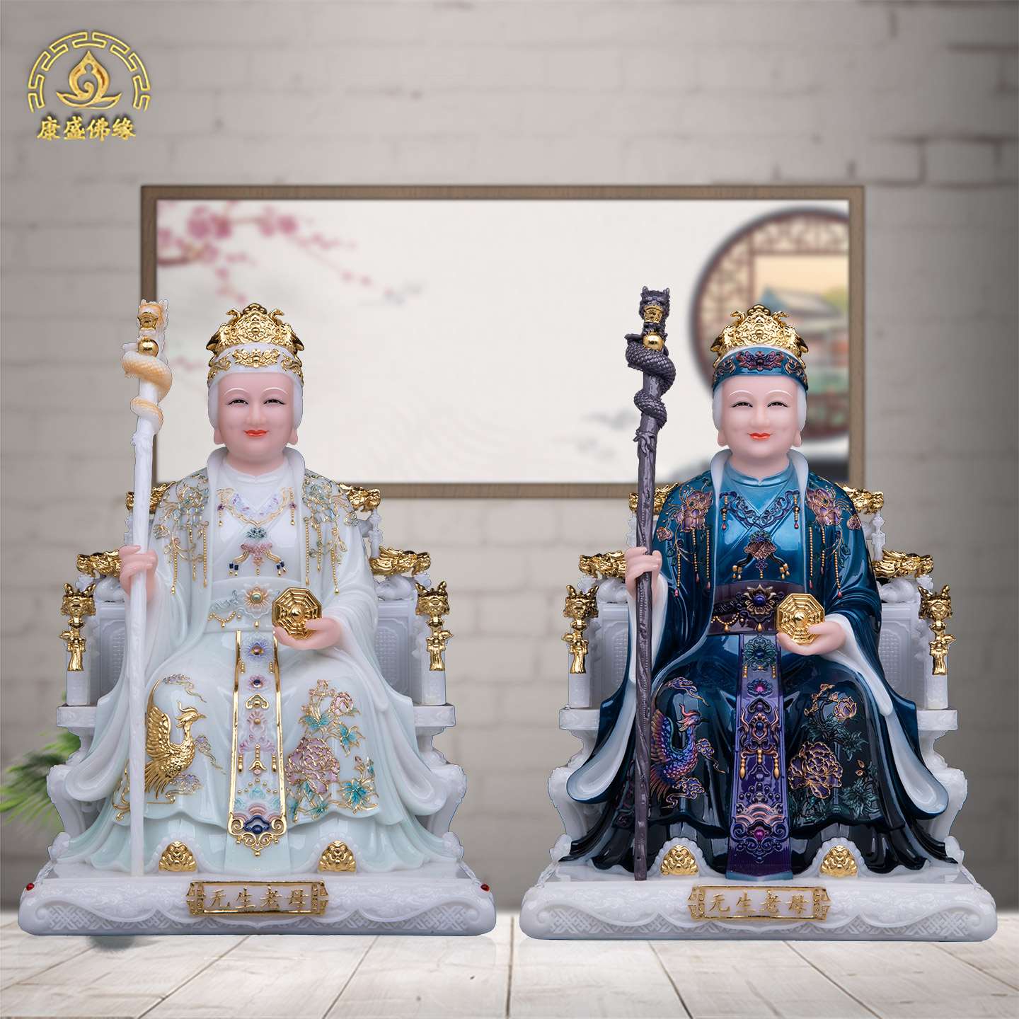 汉白玉彩绘无生老母神像供奉摆件