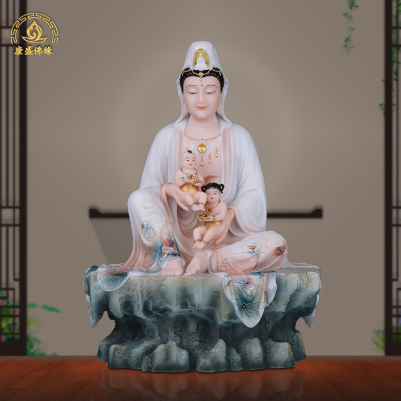 送子观音神像汉白玉坐山石观音菩萨佛像家用供奉南海观音精工摆件