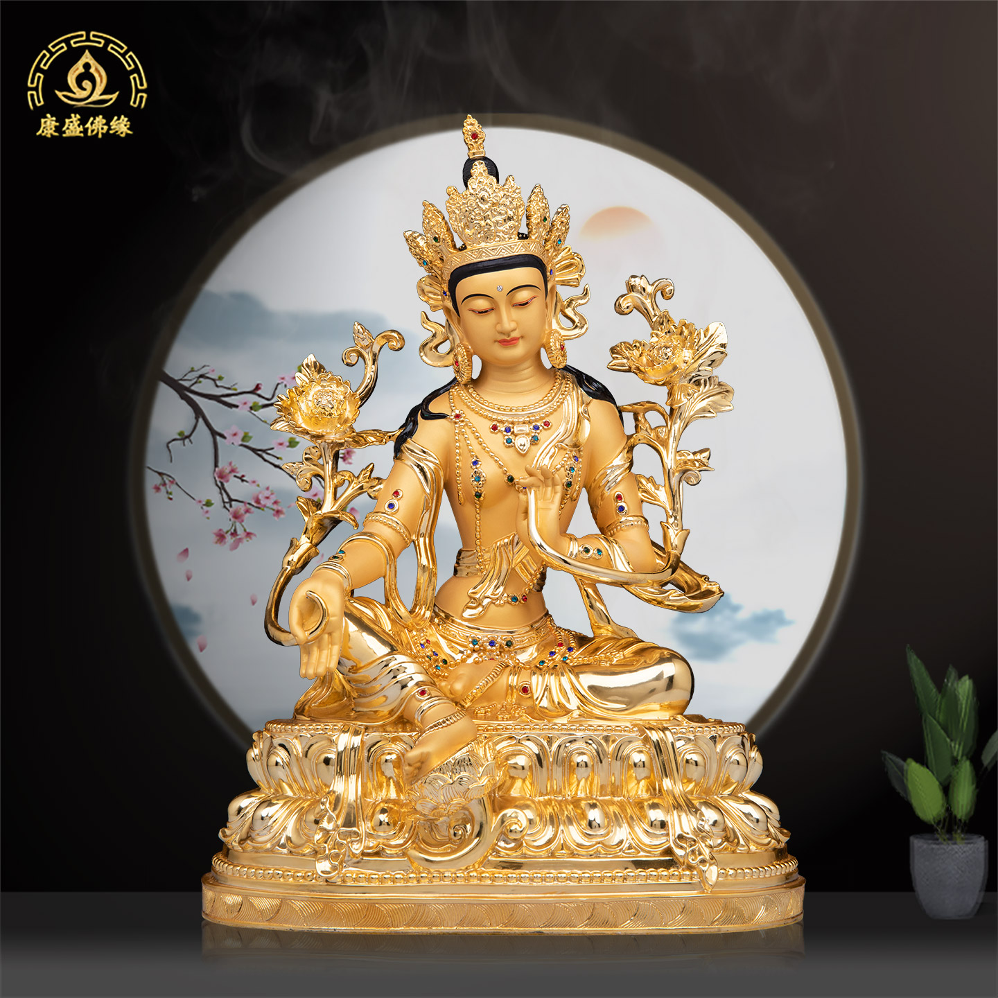 绿度母神像铜嵌钻工艺供奉摆件