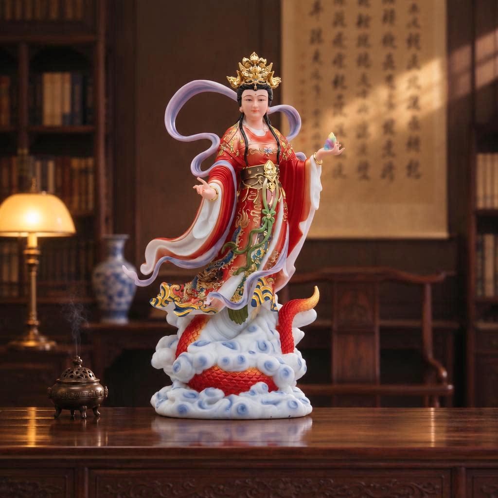 女娲娘娘神像汉白玉彩绘家用真身女娲补天创世女神桌面供奉摆件