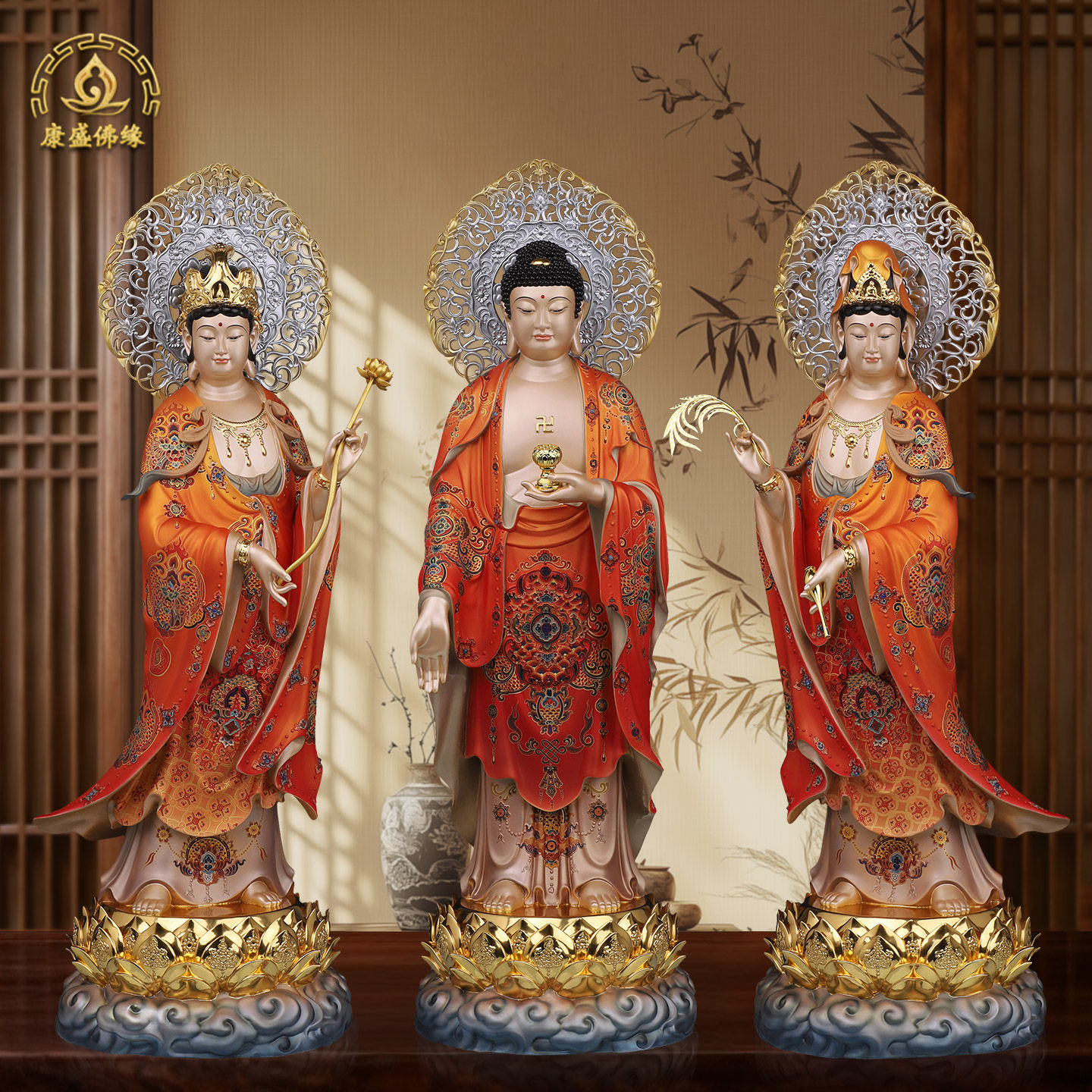 西方三圣供奉神像寺庙家用堂口阿弥陀佛铜像精工彩大势观音菩萨