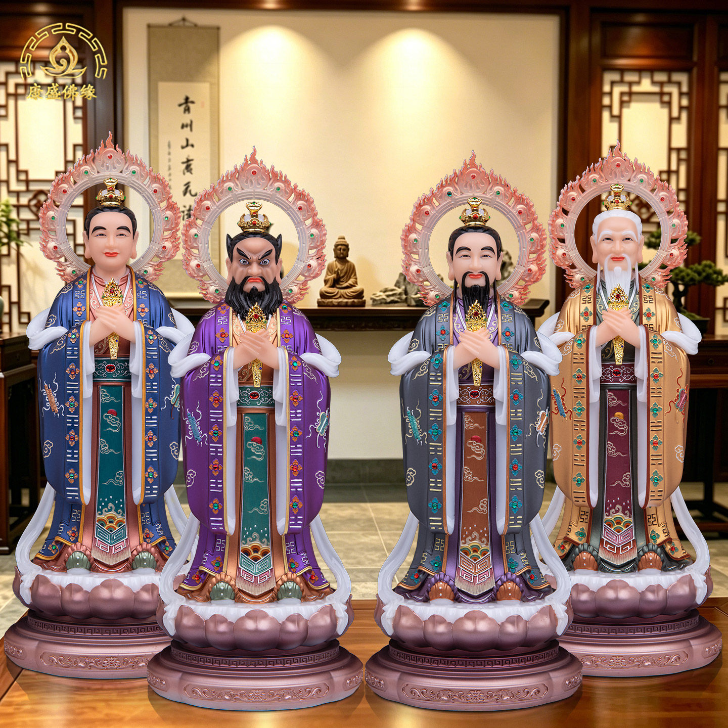 四大天师汉白玉彩绘神像摆件