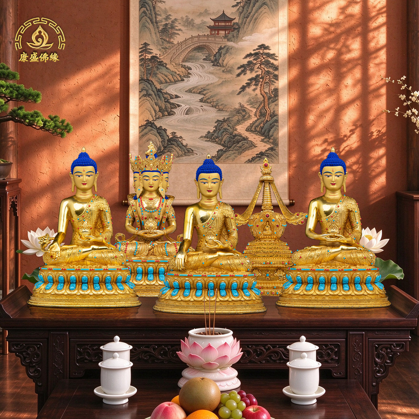 三宝佛藏村铜像药师佛供奉摆件
