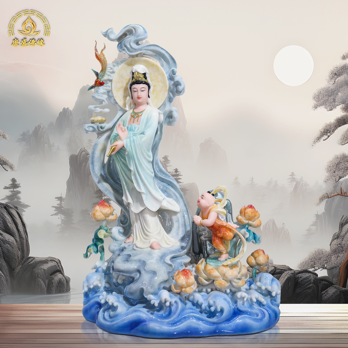 汉白玉南海观音菩萨神像站海浪滴水观音家用童子拜观音菩萨摆件