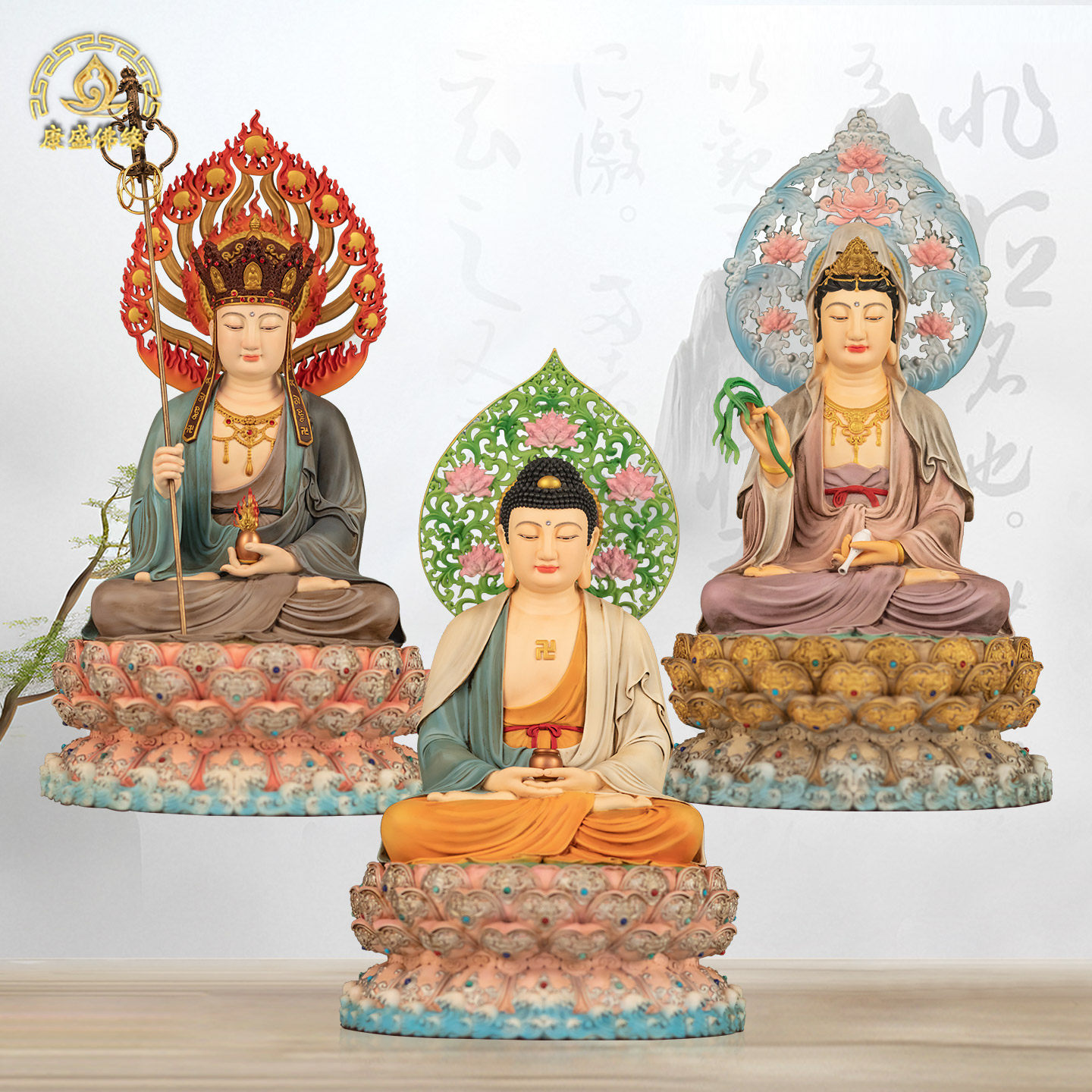 娑婆三圣释迦佛观音菩萨地藏王铜彩绘神像中式神像纳福供奉摆件