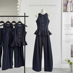 HEYGIRL黑哥 妮味outfit 荷叶边无袖衬衫背心马甲上衣阔腿裤套装