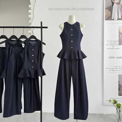 HEYGIRL黑哥 妮味outfit 荷叶边无袖衬衫背心马甲上衣阔腿裤套装