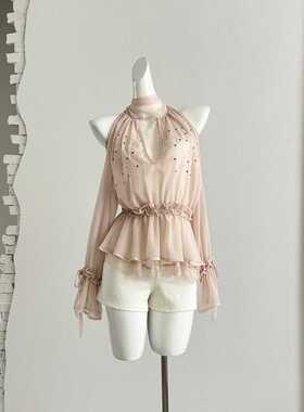 设计感水钻装饰飘逸网纱长袖雪纺衫女装春宽松飘带上衣