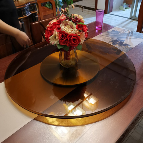茶色饭店铝合金圆台实木家用转盘