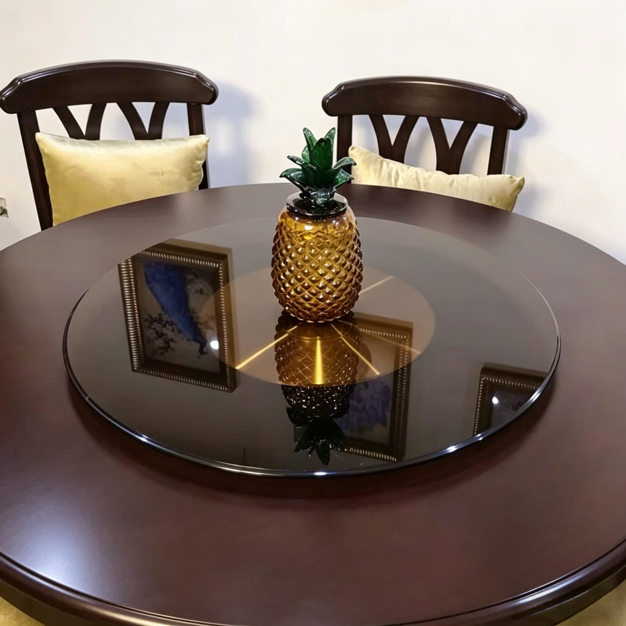 餐桌茶色转盘钢化玻璃饭店大圆桌铝合金底座圆台实木桌面家用酒店