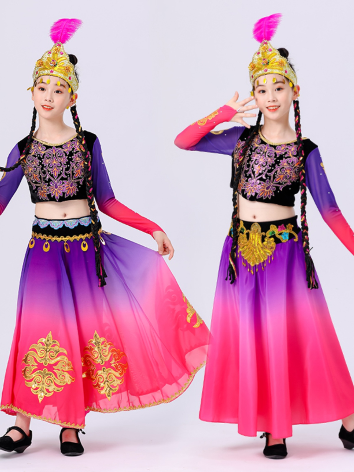 2023新品儿童新疆舞蹈服维族大摆裙民族风舞台演出服表演印花服饰