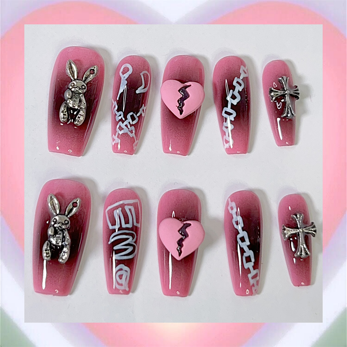 六一星球欧美网红INS高级感爱心兔子Y2K可拆卸穿戴哥特手工美甲片,彩妆/香水/美妆工具,穿戴甲/甲片,淘宝优惠券,粉丝福利购,淘宝优惠卷