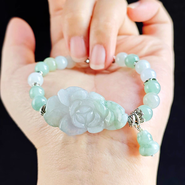 翡翠春彩花花手链手工雕刻翡翠牡丹花手牌手链手串缅甸翡翠花花
