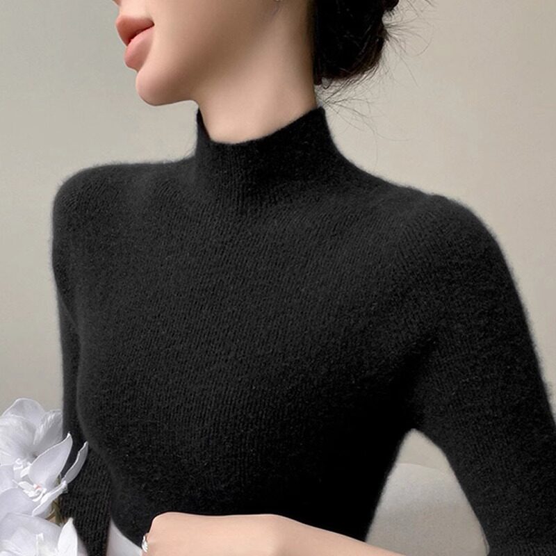 软糯羊毛衫女士半高领修身打底衫秋冬保暖抗起球黑色毛衣高级感