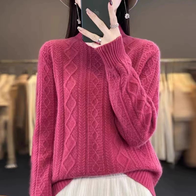 秋冬羊毛衫女半高领绞花加厚保暖毛衣宽松百搭打底衫厚款针织毛衣