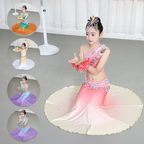 新款儿童傣族舞蹈演出服女童傣族孔雀舞包臀鱼尾裙少儿民族表演服