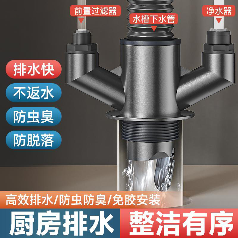 厨房下水管三通接头洗菜盆水槽排水管多功能防臭洗碗机净水器接口