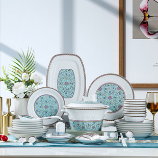 碗碟套装 碗盘子 高档陶瓷碗筷乔迁送礼碗具骨瓷餐具套装 家用新中式