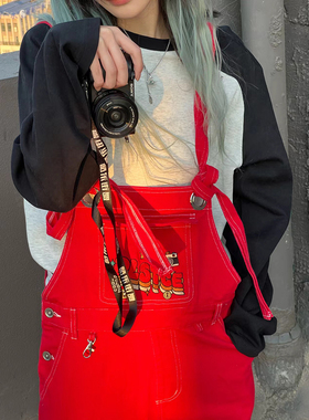 plasticene塑性基因原创设计红色工装背带裤女夏2024美式复古