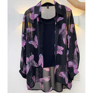 印花衬衣女士夏季新款高级感大码宽松衬衫雪纺度假上衣防晒开衫女