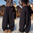 高级感菱形格弯刀休闲棉裤2025冬季新款高腰显瘦宽松阔腿裤