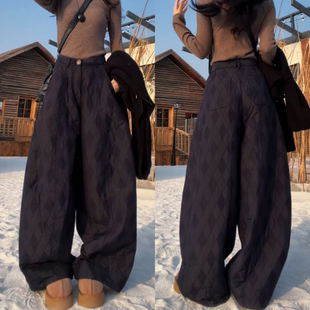 高腰显瘦宽松阔腿裤 新款 2025冬季 高级感菱形格弯刀休闲棉裤