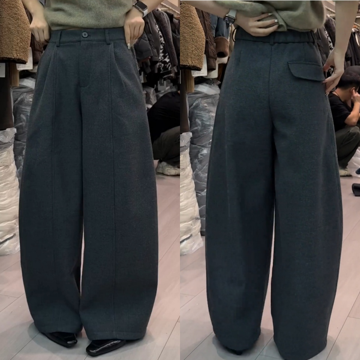 深灰色气质弯刀休闲裤