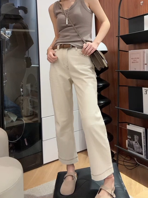 早春新款高腰直筒显瘦法棍牛仔裤