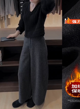 韩系慵懒感百搭毛呢格子裤2025年秋冬新款加绒高腰显瘦九分阔腿裤