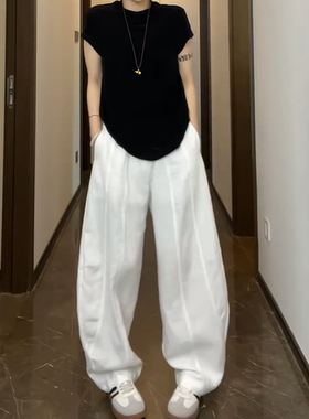 高腰白色百搭拖地弯刀香蕉休闲裤