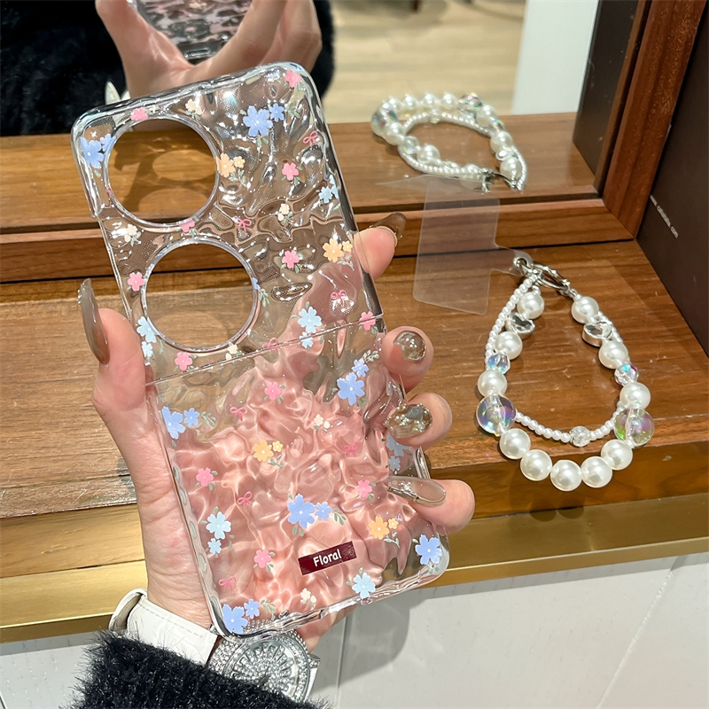 少女透明水波纹小花适用华为Pocket2折叠屏手机壳珍珠手链pocket S高级感小众女新款p50硬壳防摔保护套超闪