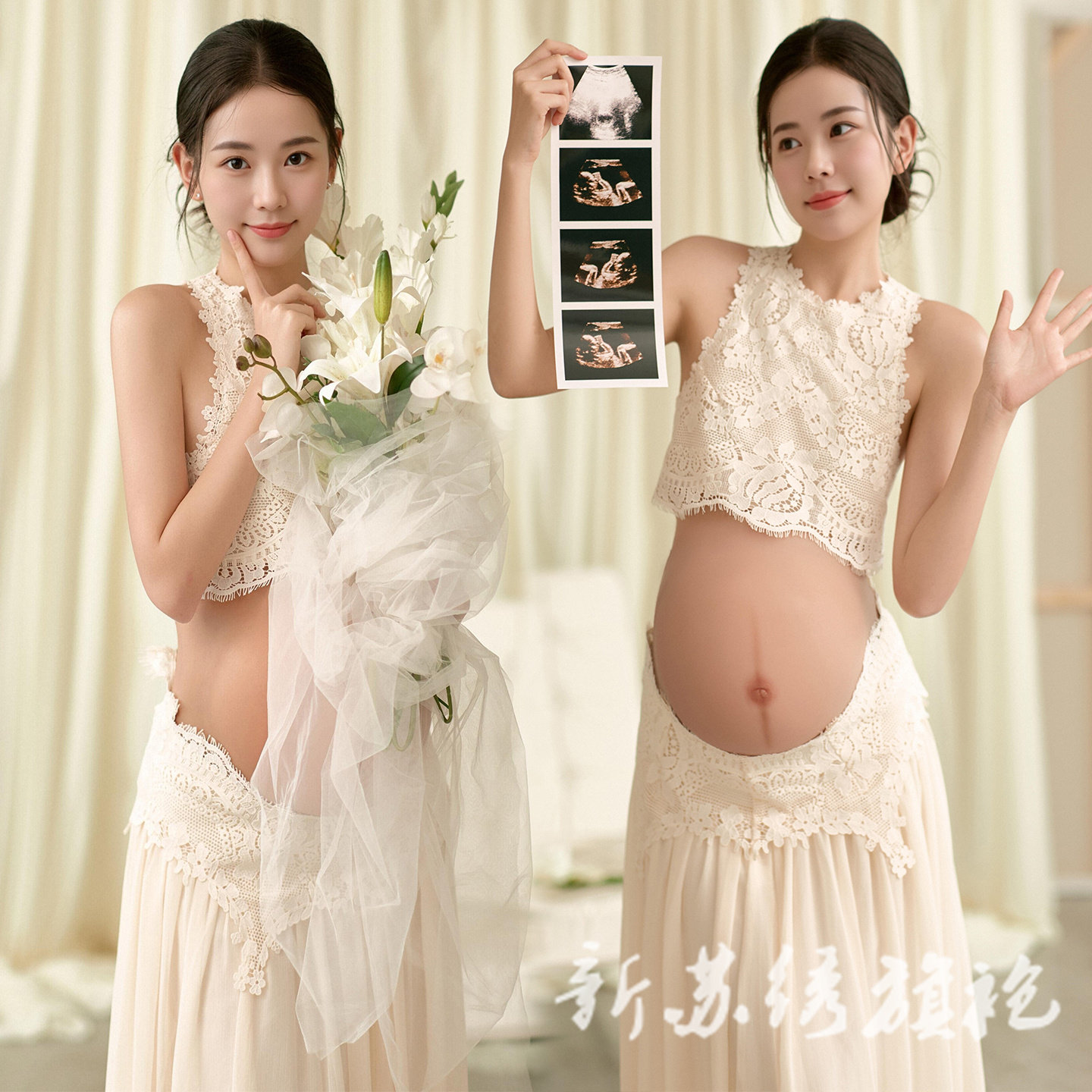 依媚坊孕妇写真法式蕾丝连衣裙