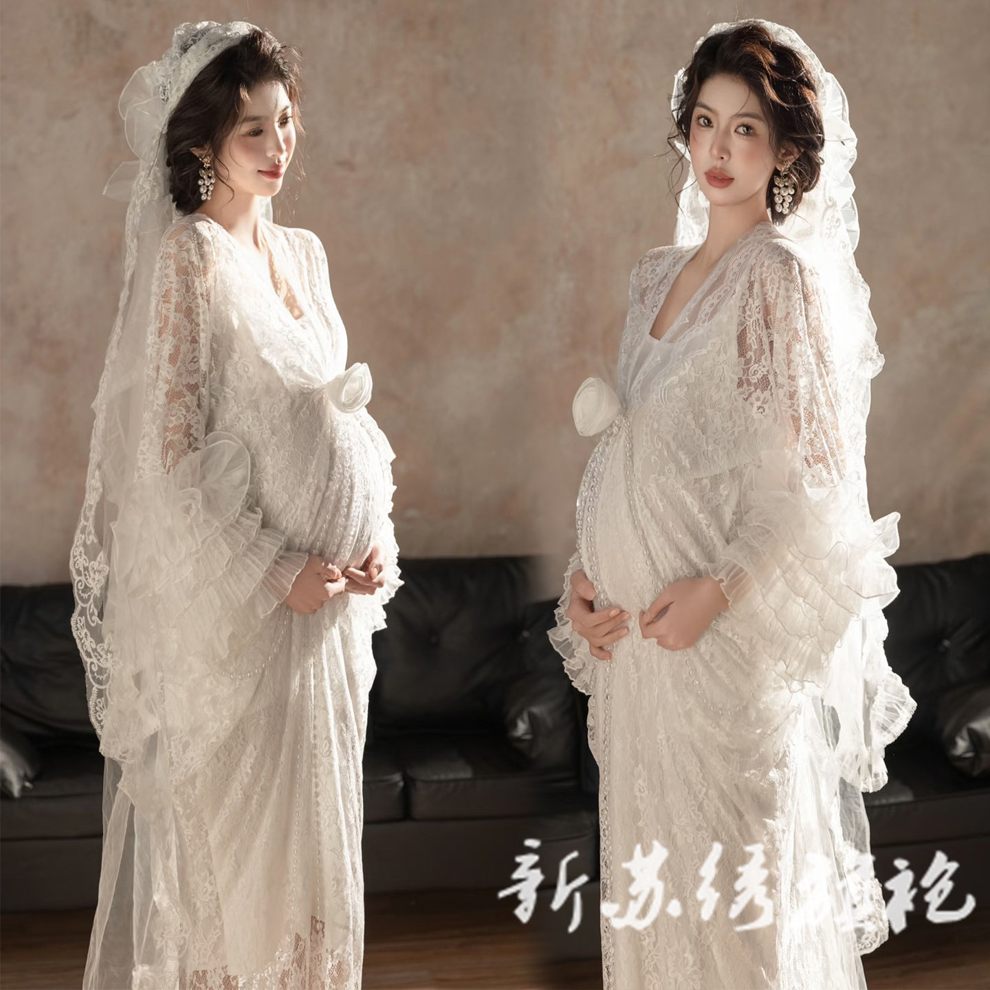 依媚坊孕妇写真法式蕾丝裙