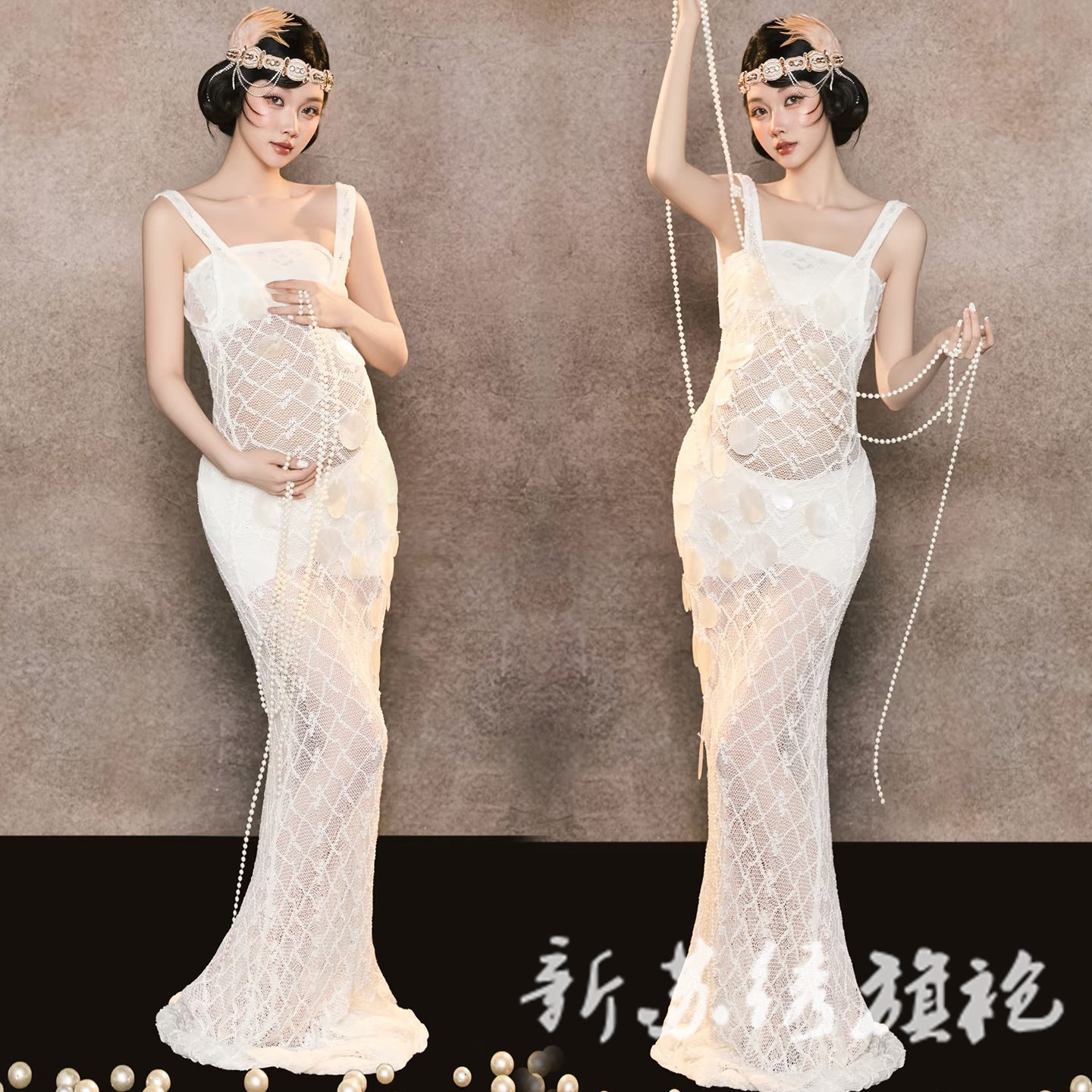 依媚坊孕妇写真复古油画风蕾丝裙