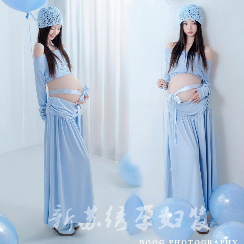 影楼孕妇写真韩系蓝色可爱连衣裙